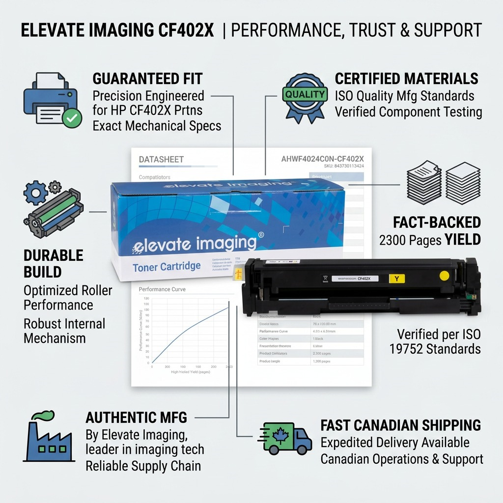 Elevate Imaging HP 201X (CF402X) yellow toner cartridge in a trust-building infographic with performance icons.
