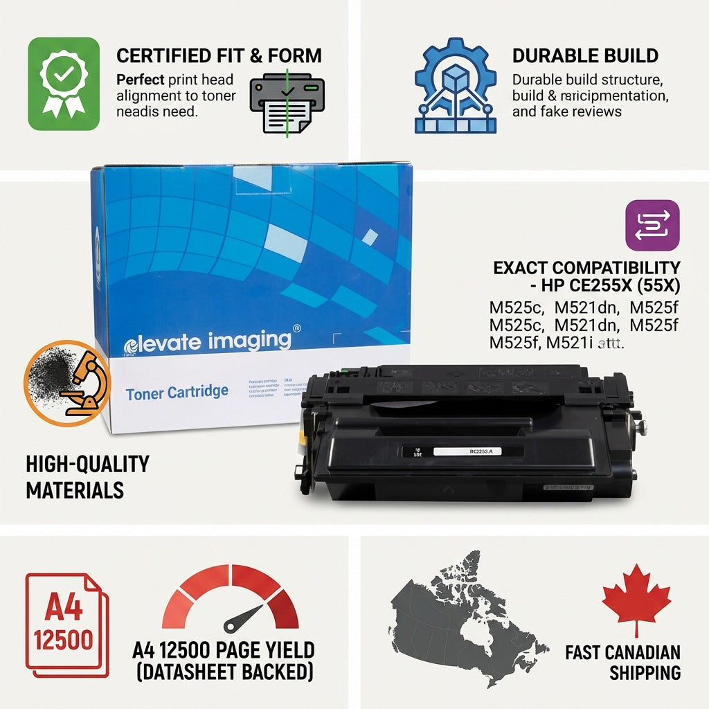 Elevate Imaging HP 55X CE255X toner infographic showing high yield, compatibility, and Canada shipping.