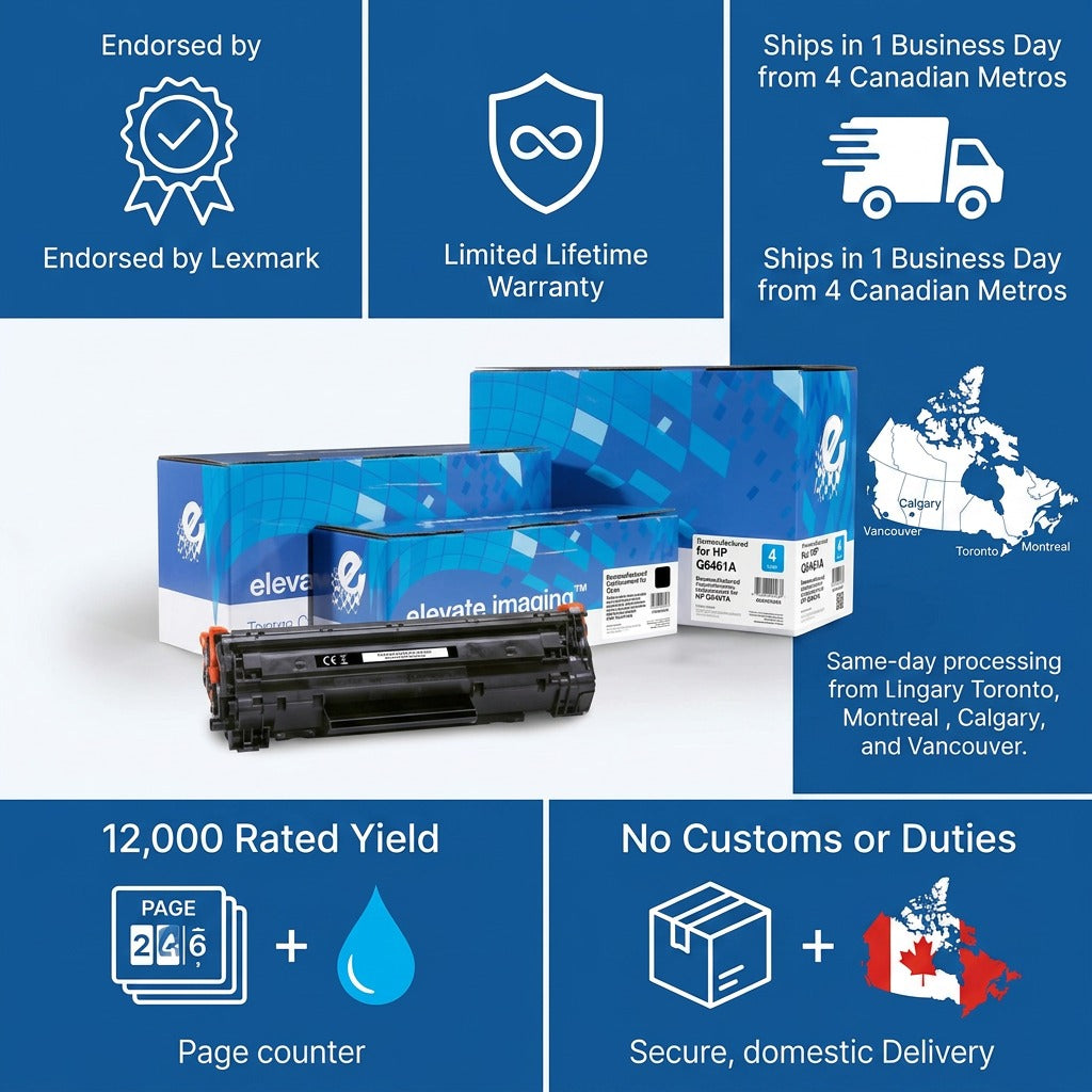 Elevate Imaging cyan toner for HP Q6461A with 12,000 page yield, lifetime warranty, and fast Canadian shipping.