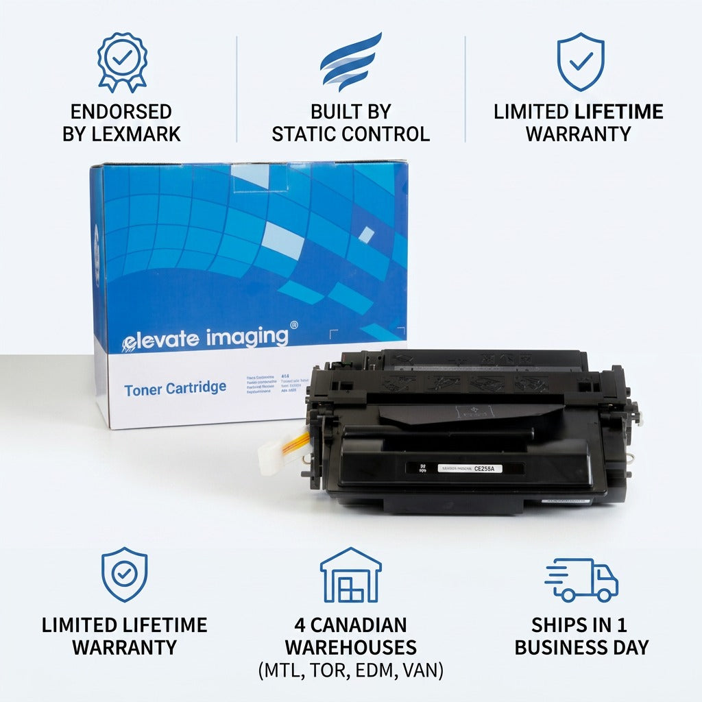 Elevate Imaging CE255A toner cartridge and box with icons for Lexmark endorsement and fast shipping.
