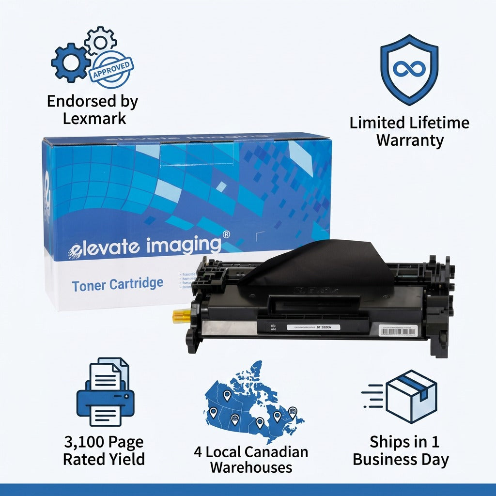 Elevate Imaging HP 26A (CF226A) toner cartridge infographic with 3,100 page yield and warranty.