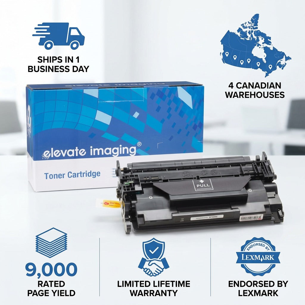 Elevate Imaging HP 26X toner infographic with 9,000 page yield, Lexmark endorsement, and warranty.