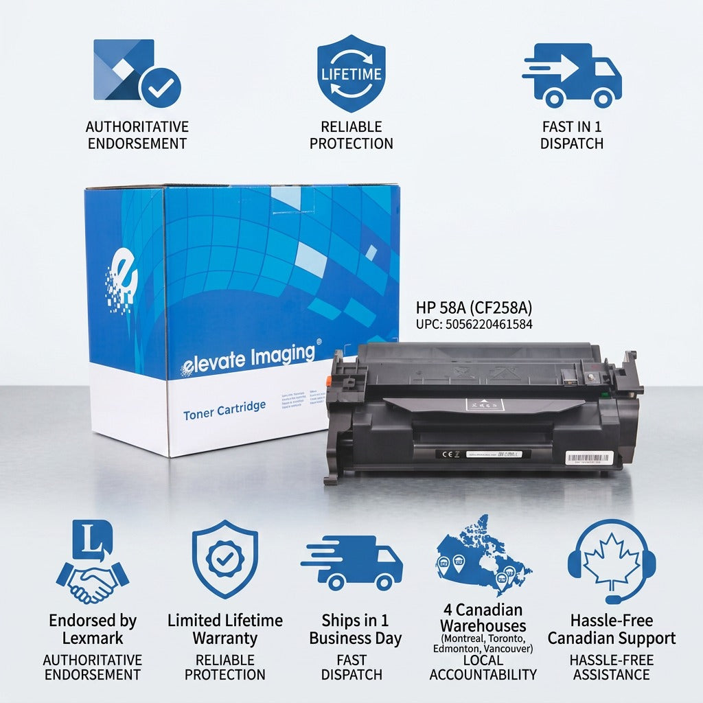 Elevate Imaging HP 58A CF258A cartridge with trust icons for lifetime warranty and Canadian support.