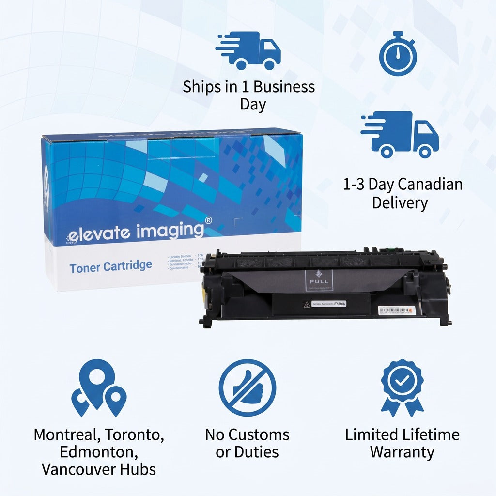 Elevate Imaging HP 80A toner box and cartridge with fast Canadian shipping and warranty icons.
