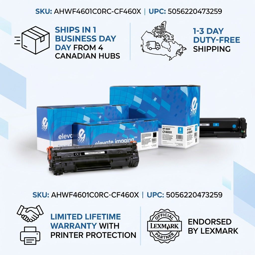 Elevate Imaging HP 656X black toner infographic with Canadian hubs and Lexmark endorsement icons.