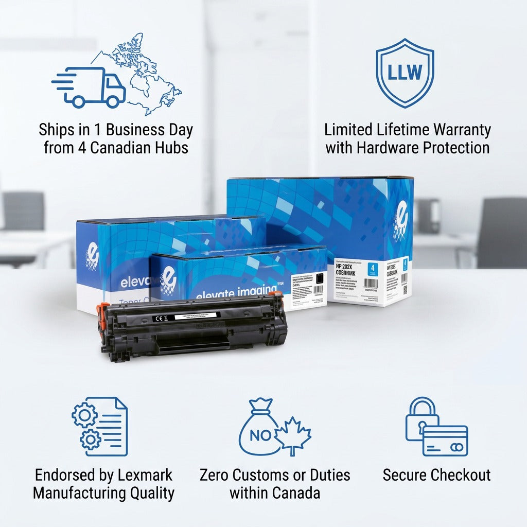 Elevate Imaging HP 202X Black Toner infographic showing fast Canadian shipping and lifetime warranty.