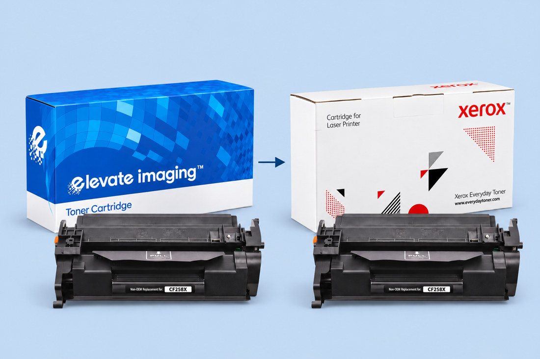 An Elevate Imaging box and a Xerox Everyday Toner box side by side, each with the same CF258X toner cartridge in front of it, and an arrow pointing from the Elevate box to the Xerox box.