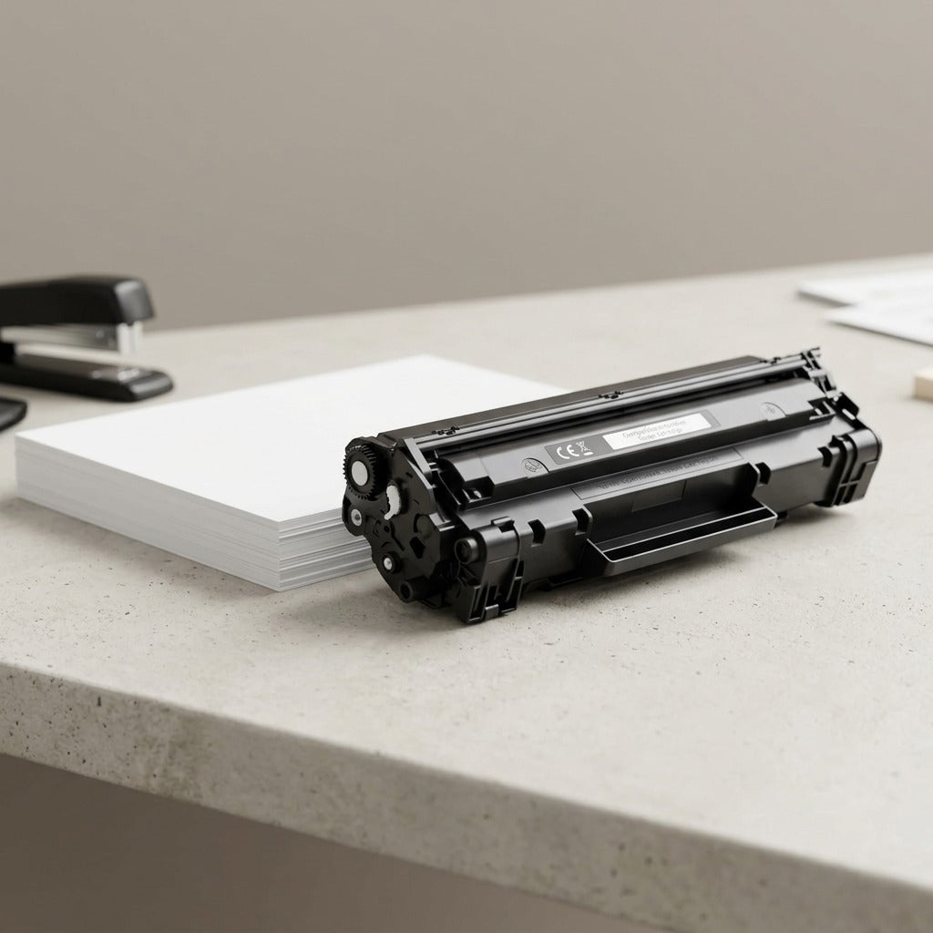 A high-yield compatible toner cartridge shown next to standard printer paper to visualize scale.