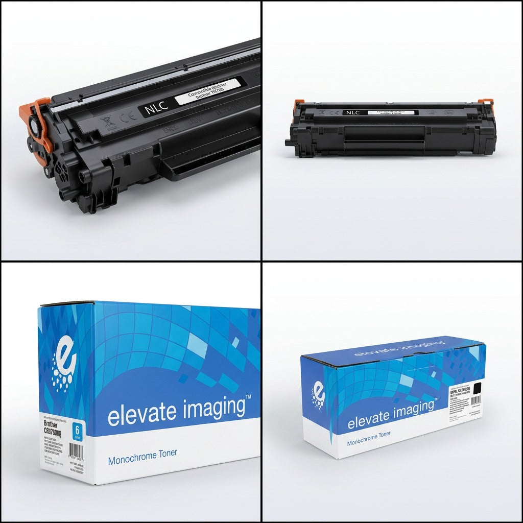 A product visual matrix showcasing the Elevate Imaging Brother TN760 toner cartridge and its box from four different angles.