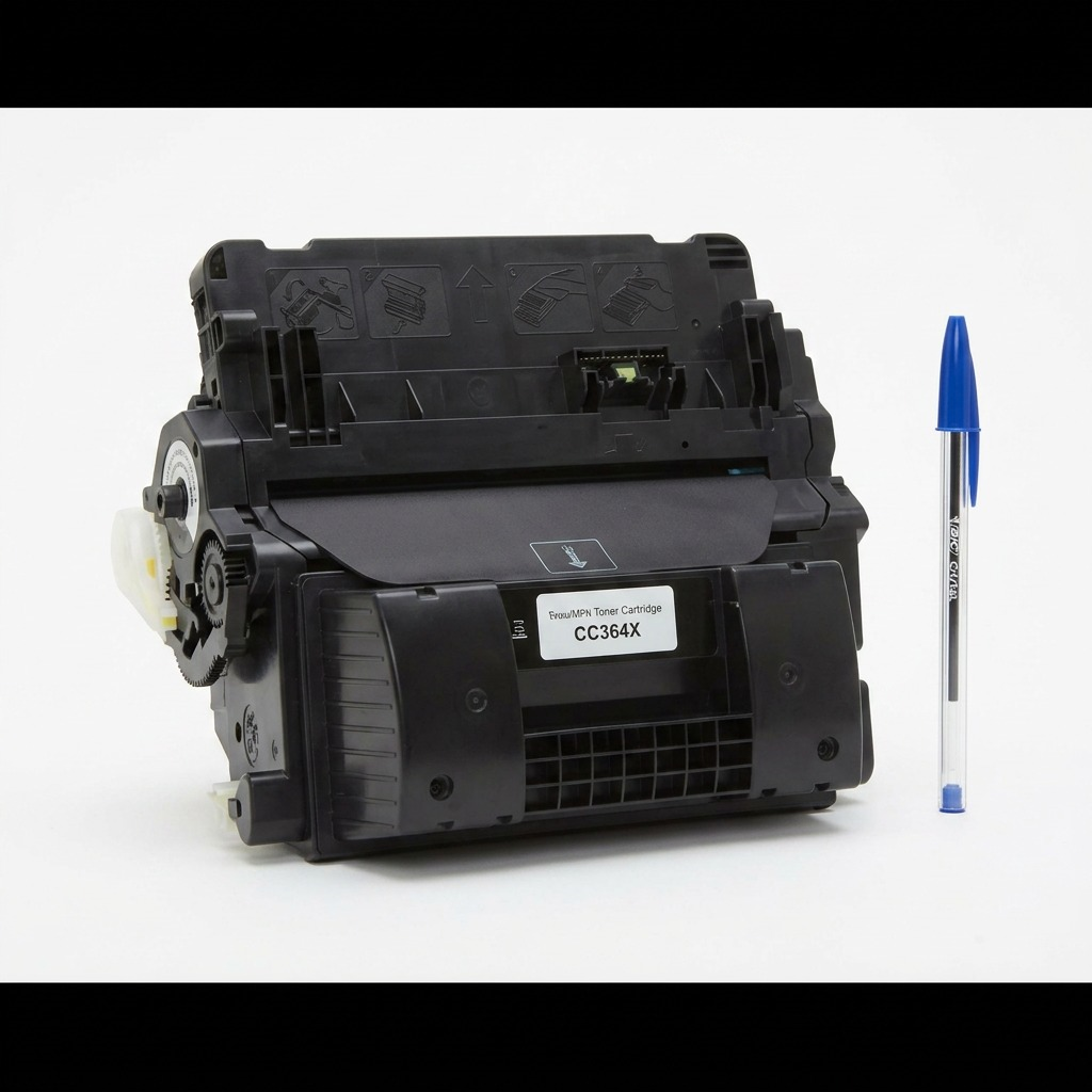 The black Elevate Imaging HP 64A (CC364A) toner cartridge next to a ballpoint pen on a white desk, showing its scale.
