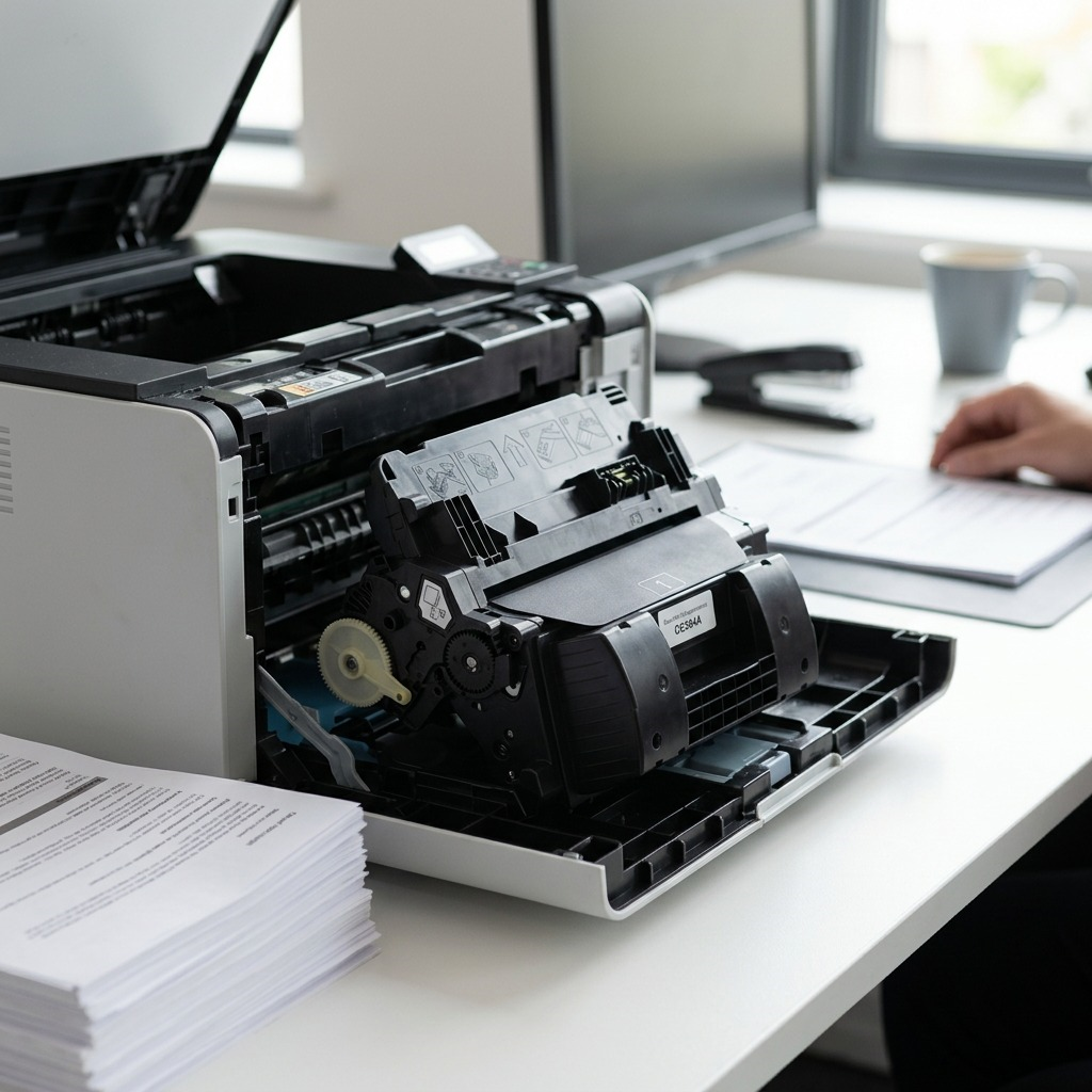 A black Elevate Imaging HP 64A (CC364A) toner cartridge being installed into an open HP LaserJet printer in a bright office, with a stack of printed paper alongside.