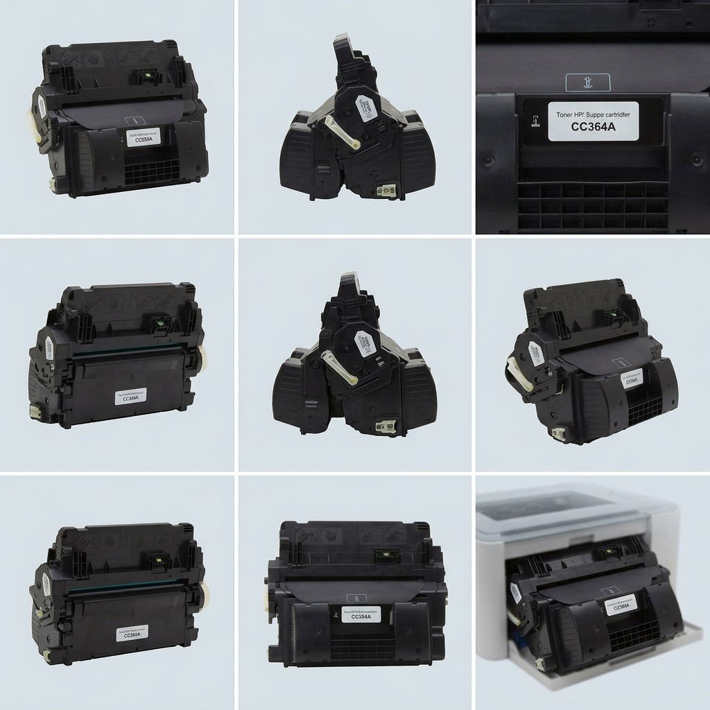 A grid of the black Elevate Imaging HP 64A (CC364A) toner cartridge shown from multiple angles, including a close-up of the CC364A label.