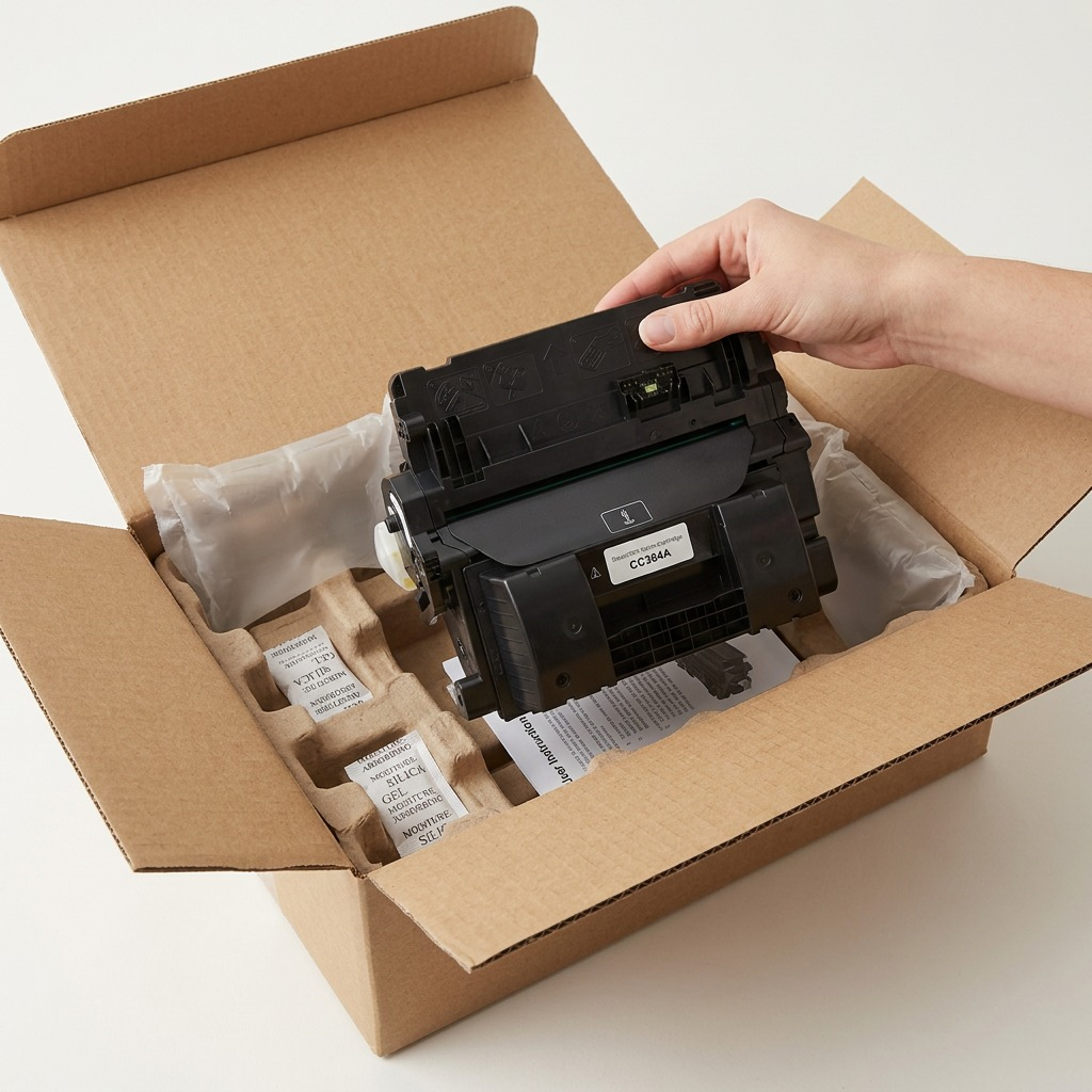 A hand placing the black Elevate Imaging HP 64A (CC364A) toner cartridge into its open shipping box with protective molded packaging.