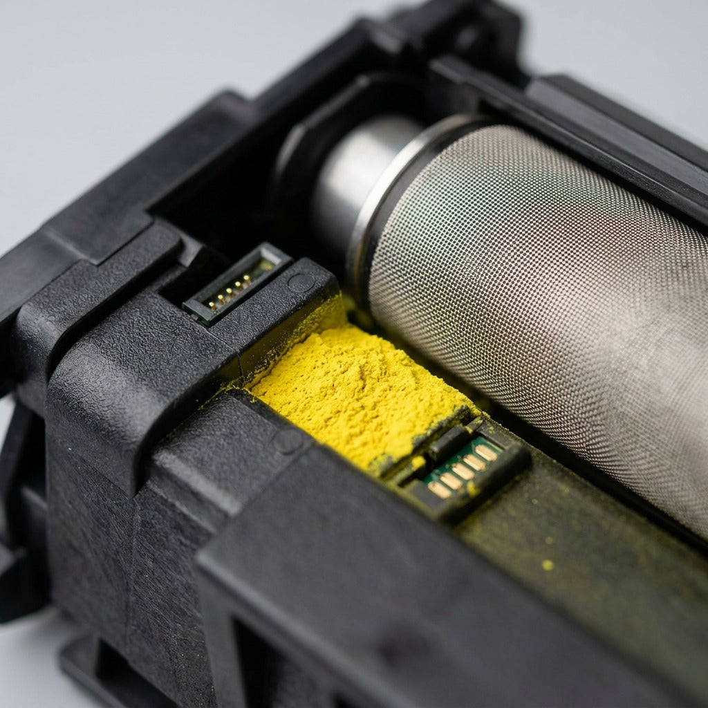 Extreme macro photo showing the fine mesh feed roller and a sample patch of yellow toner from the compatible HP CF402A cartridge, highlighting texture.
