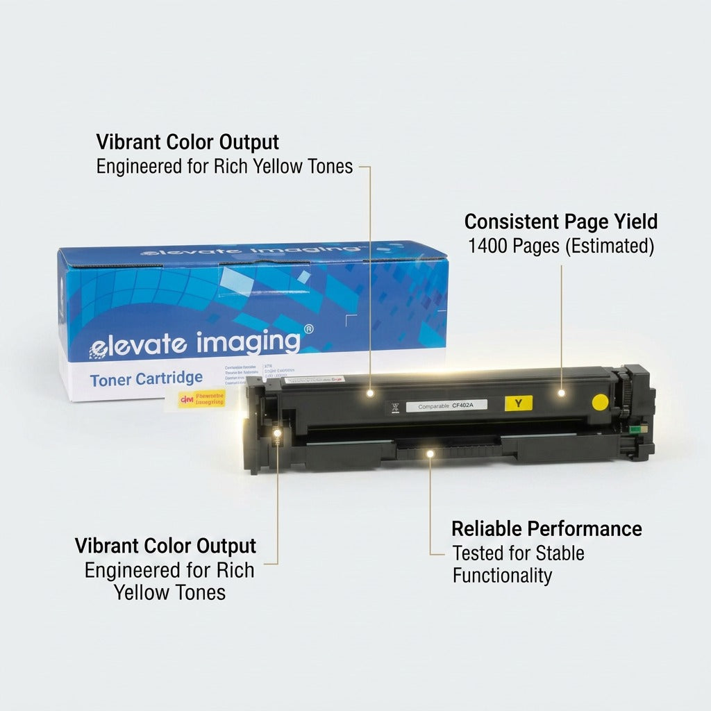 E-commerce feature callout matrix for the Elevate Imaging HP 201A (CF402A) compatible toner, with pointer lines highlighting key benefits and yield.