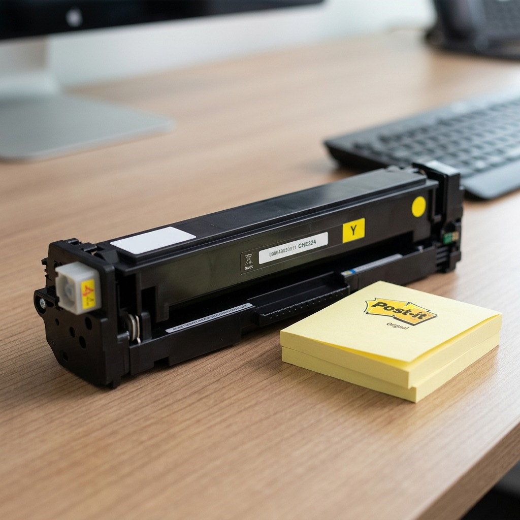 The Elevate Imaging CF402X toner cartridge rests on a desk next to a pack of standard yellow sticky notes for size comparison.