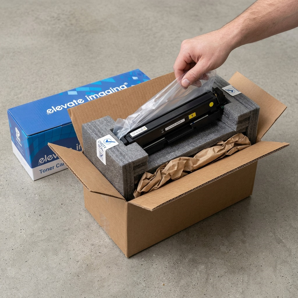 Unboxing of an Elevate Imaging toner cartridge with a view of the shipping box and inner packaging.
