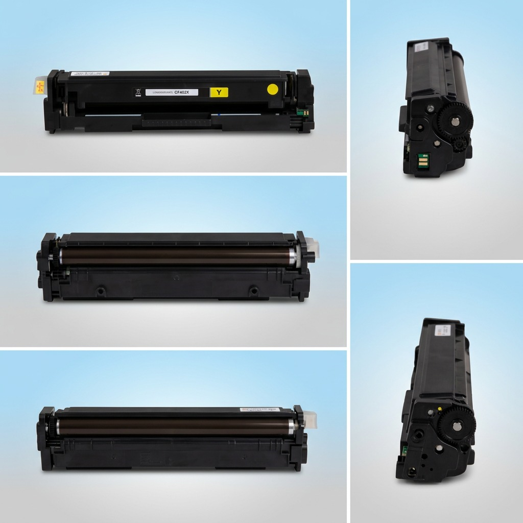 A grid of three views of the Elevate Imaging HP 201X (CF402X) yellow toner cartridge — front, side and rear — on a light blue background.