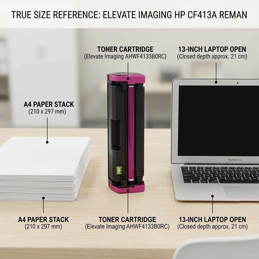A high-resolution product photograph shows the magenta laser toner cartridge (Elevate Imaging AHWF4133B0RC-CF413A) positioned upright on a natural wood desk, in front of a standard 13-inch open laptop. A stack of A4 copier paper is next to the cartridge. Clear definition of size scale is achieved.