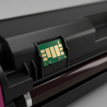 Macro close-up photo of the intricate gold pin array on the magenta laser toner cartridge's chip.