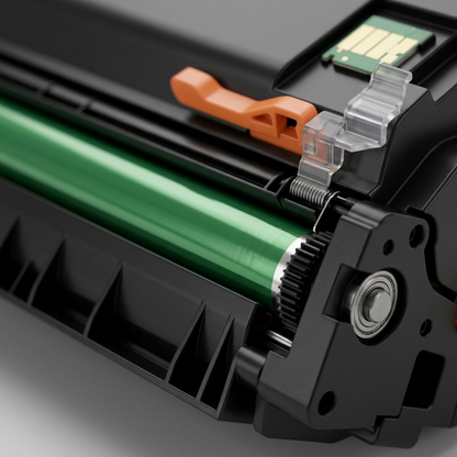 Macro detail showing the precision green drum roller and black gear interface of the toner cartridge.