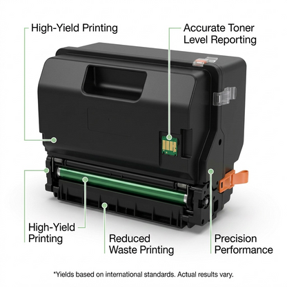 Total yield callout image for a large capacity monochrome toner cartridge.