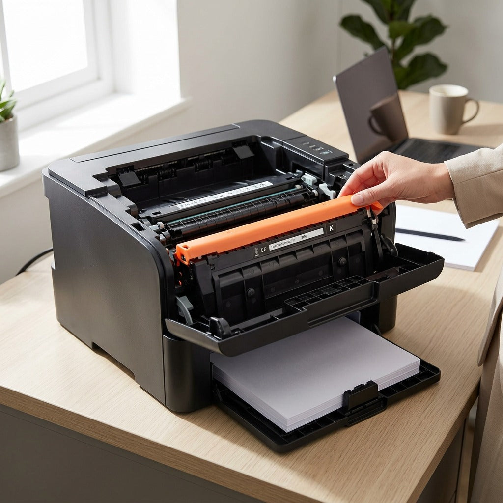 Lifestyle photo of the Elevate Imaging CF289X toner cartridge being inserted into a printer.