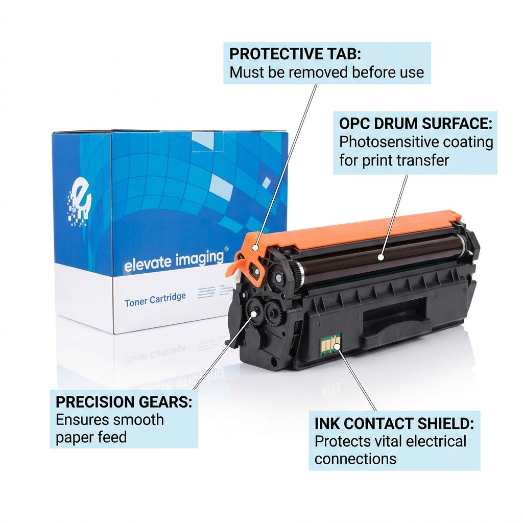 A detailed diagram of a toner cartridge with callouts highlighting operational features for reliable performance.