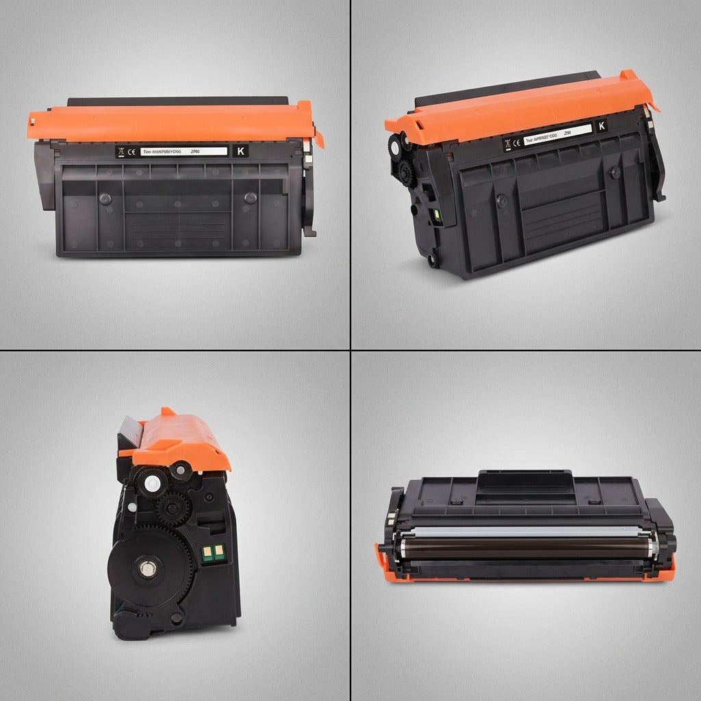 A four-panel grid showing the Elevate Imaging laser toner from front, angled, side, and component views.