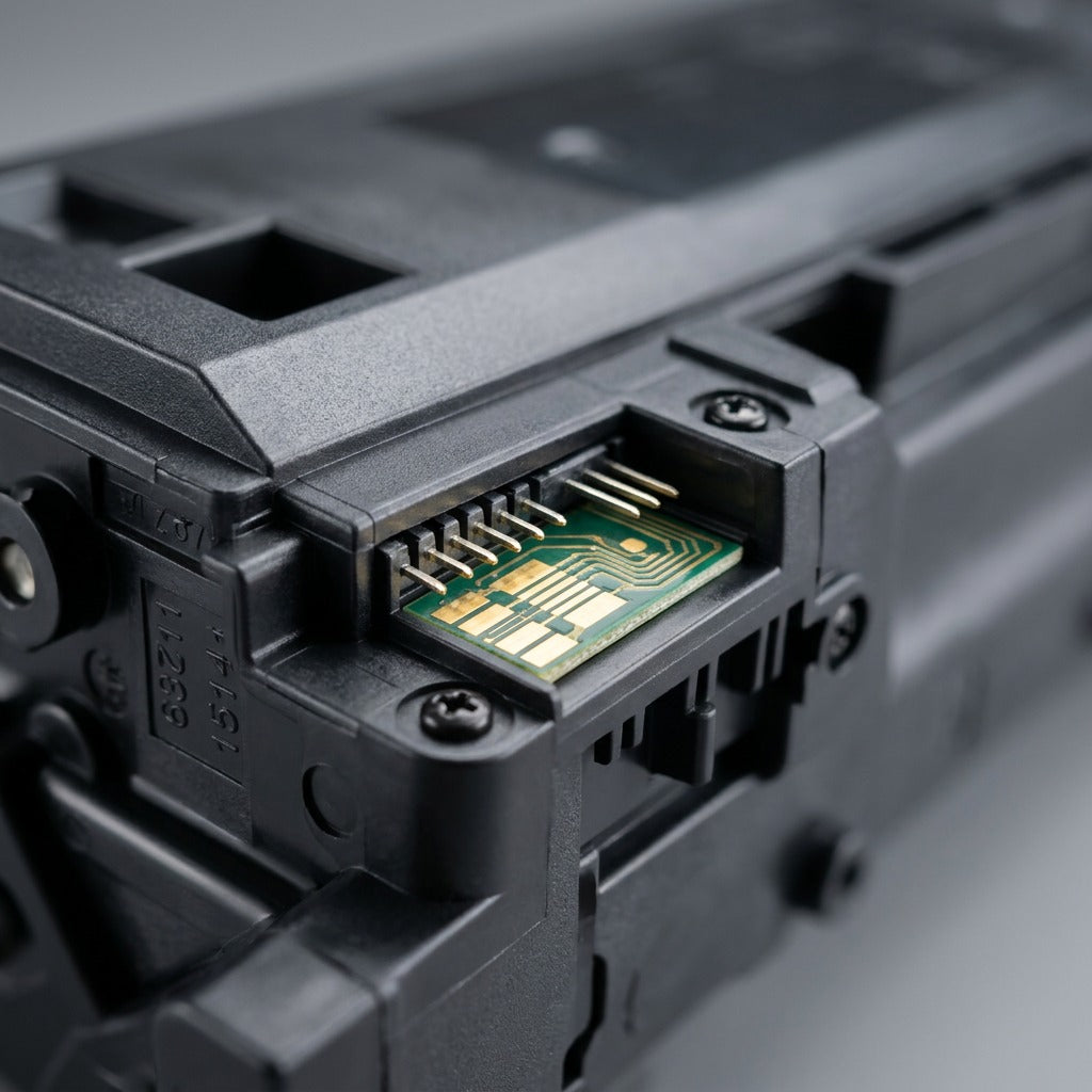 A detailed macro close-up shot focusing on the chip interface and contact pins of a black toner cartridge.