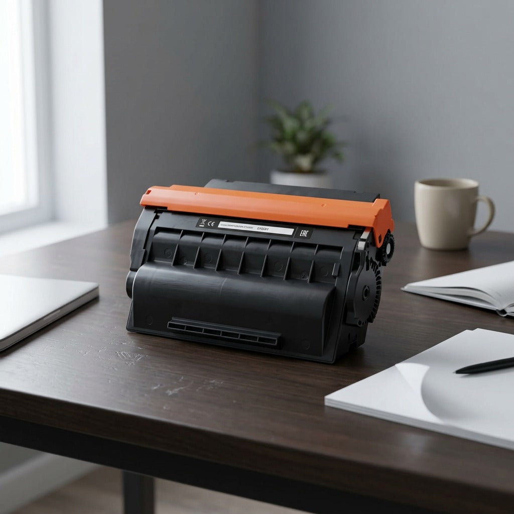 A photograph of an unboxed black toner cartridge with an orange cap on an office desk, illustrating realistic scale.
