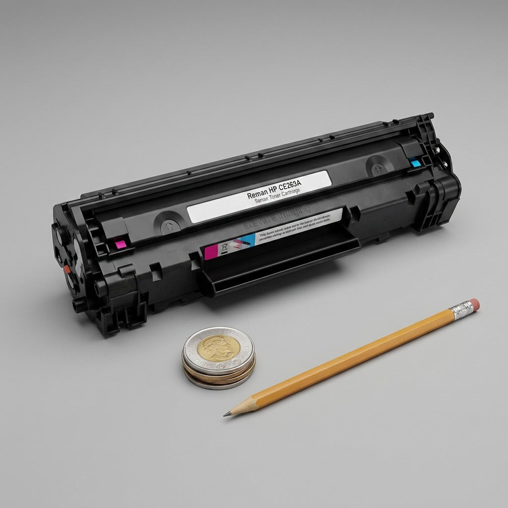 A close-up photograph comparing an Elevate Imaging toner cartridge next to a stack of coins and a pencil for scale.