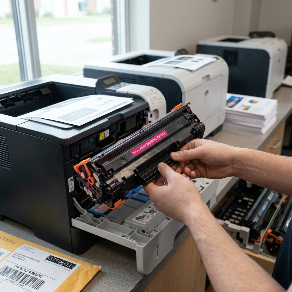 A magenta-colored toner cartridge, matching image_0.png, is installed in a printer's open engine bay, with a fresh document nearby.