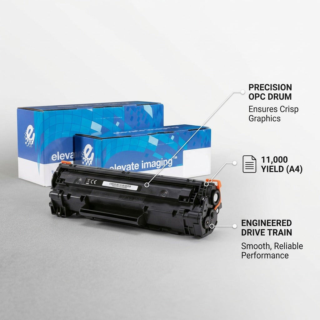 Elevate Imaging HP CE263A remanufactured printer cartridge with features: precision OPC drum for crisp graphics, engineered drive train for reliable performance, and an 11,000 page A4 yield. The image shows the yellow toner cartridge.