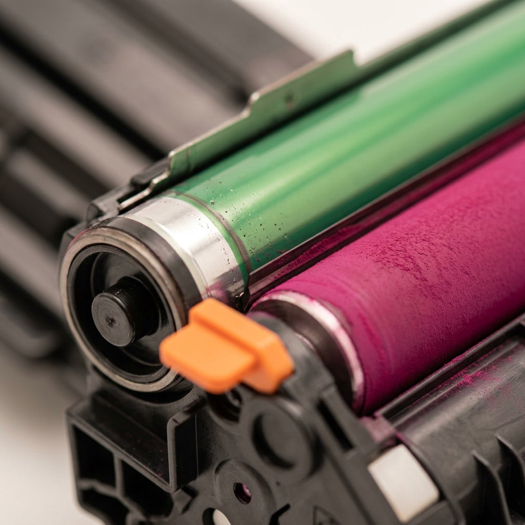 Macro inspection showing precise drum, developer roller, and toner texture on the HP CE263A.