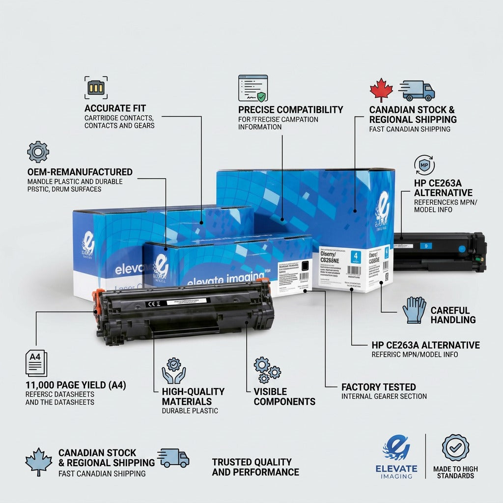 An infographic showing Elevate Imaging laser toner cartridges from multiple views, with small icons and short text cues highlighting product features, fit, manufacturer details, build quality, and fast shipping to Canada.