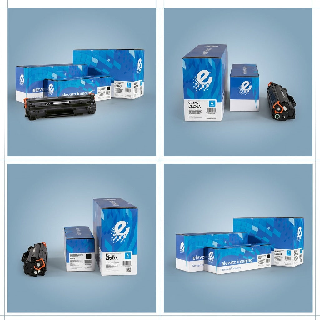 A 2x2 grid displaying four views of the Elevate Imaging Reman HP CE263A toner set from distinct angles.