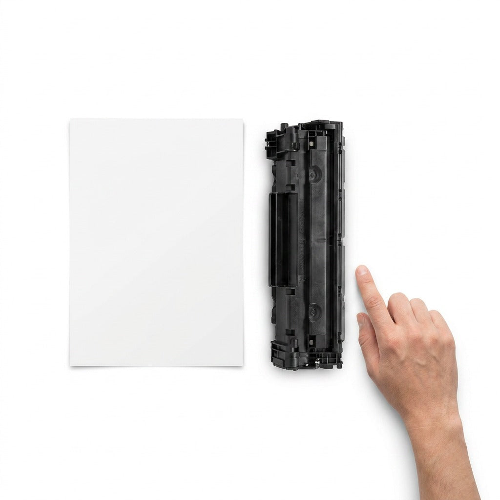 Elevate Imaging HP CE263A remanufactured printer cartridge shown next to a standard A4 sheet of paper as a size reference.