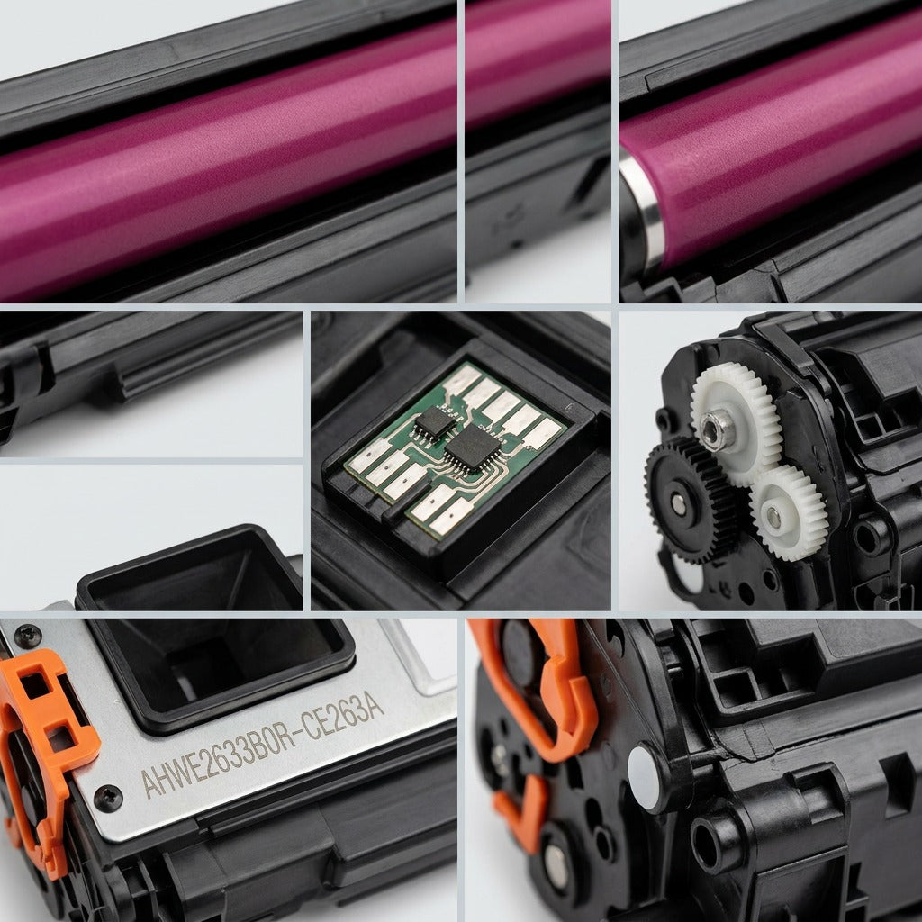 Macro collage highlighting key precision components and the internal structure of the HP CE263A magenta toner cartridge.