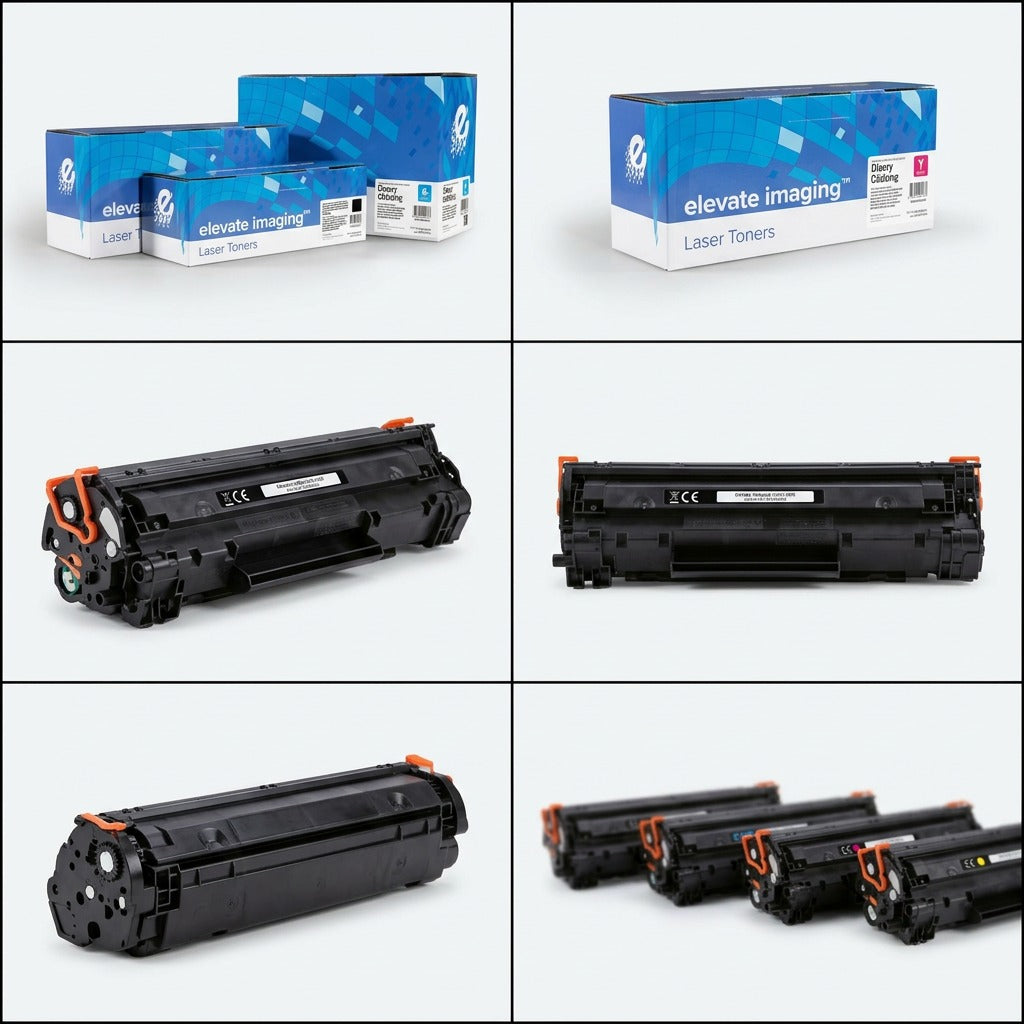 A 3x2 matrix of product images of the Elevate Imaging laser toner from image_0.png, displayed in various orientations and configurations.
