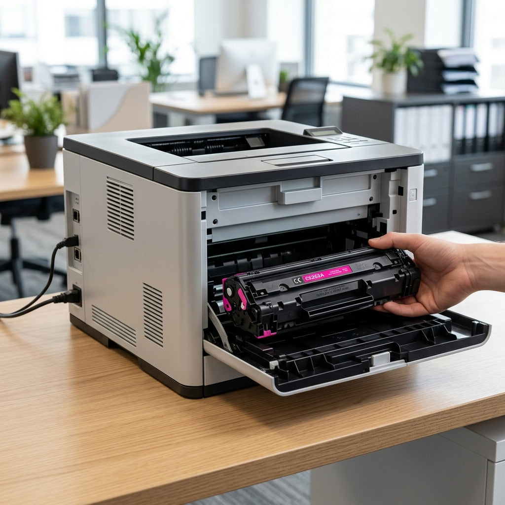 A lifestyle photo showing the black Elevate Imaging laser toner cartridge being installed into a compatible office printer, with clear details.