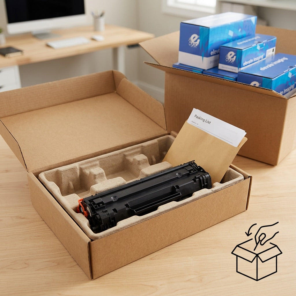 Realistic unboxing scene of protected HP CE263A magenta toner cartridges in an office.