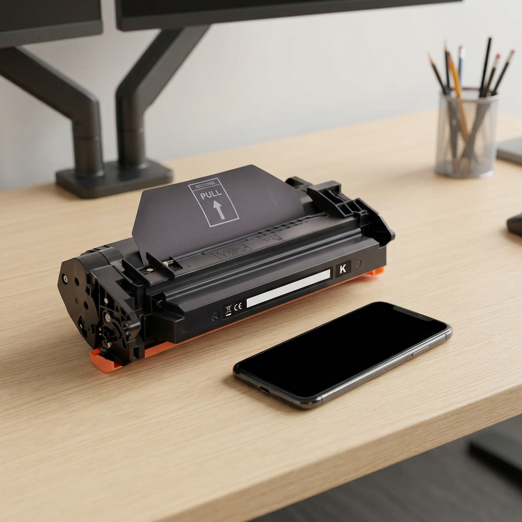 A scale-reference image of the Elevate Imaging CF289A toner cartridge sitting on a wooden desk next to a standard smartphone.