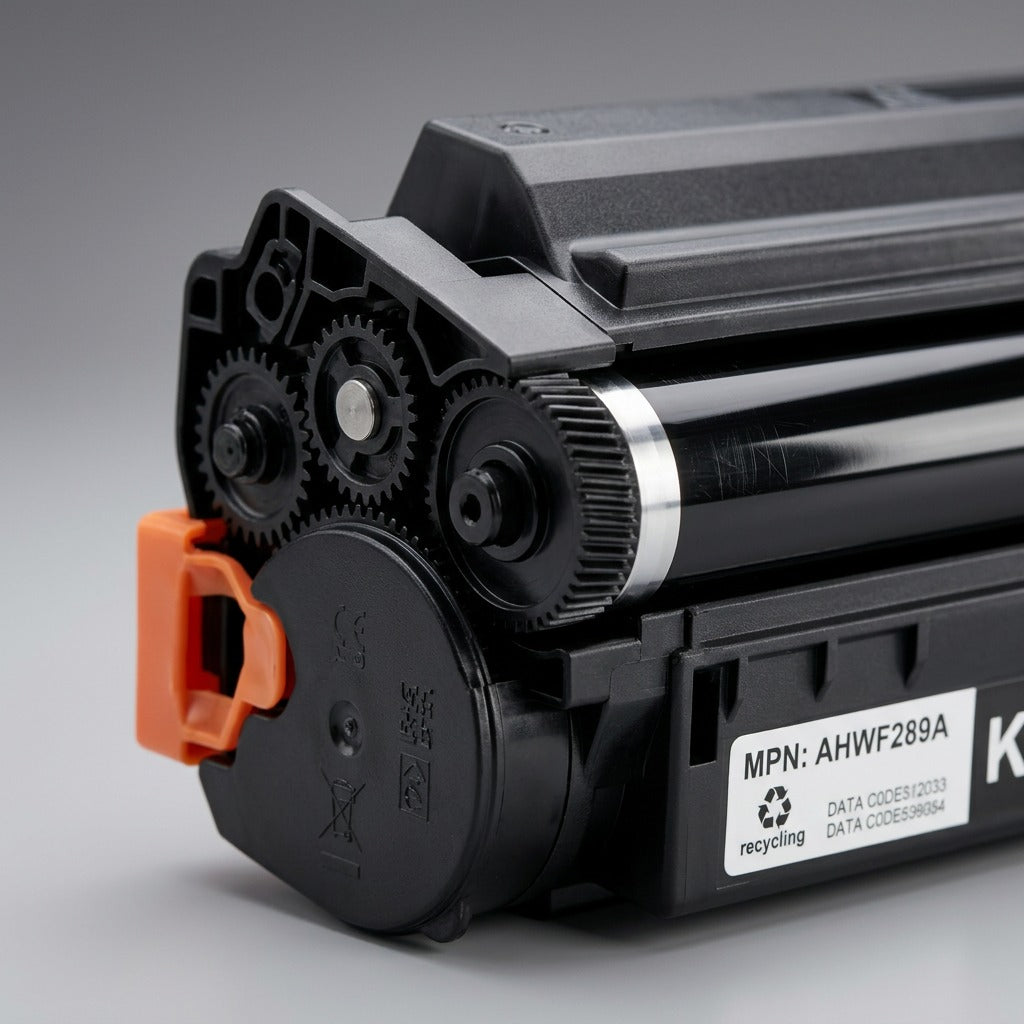 Macro inspection of the Elevate Imaging toner cartridge: gears, OPC drum, and MPN label.