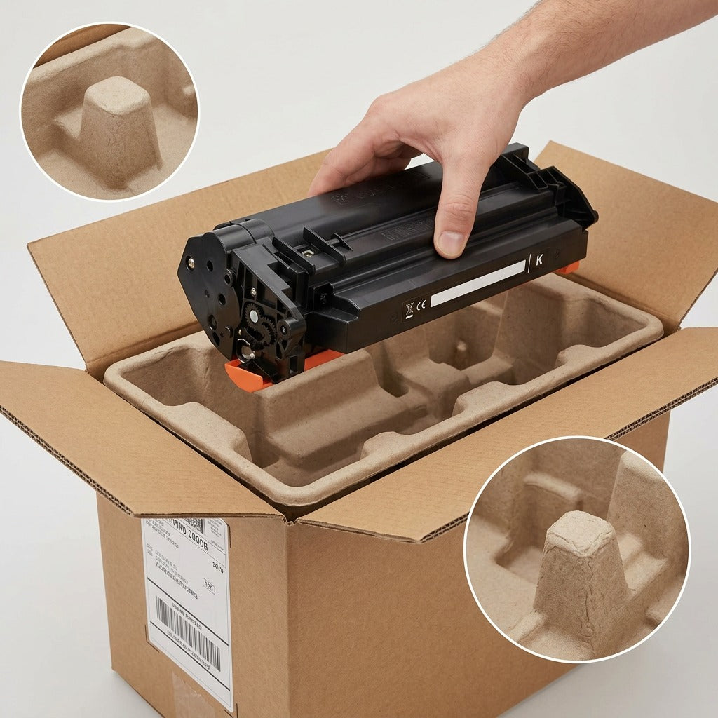 A pristine photo of an Elevate Imaging toner cartridge nestled securely within molded foam in a robust, unlabeled cardboard box, a hand lifting the protected product, conveying damage-free shipping.
