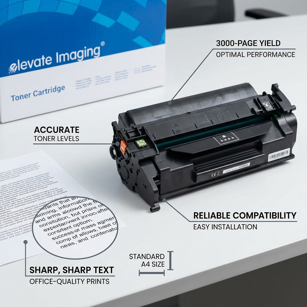 Multi-panel feature graphic for Elevate Imaging Compatible HP CF258A toner, highlighting chip accuracy and yield benefits.