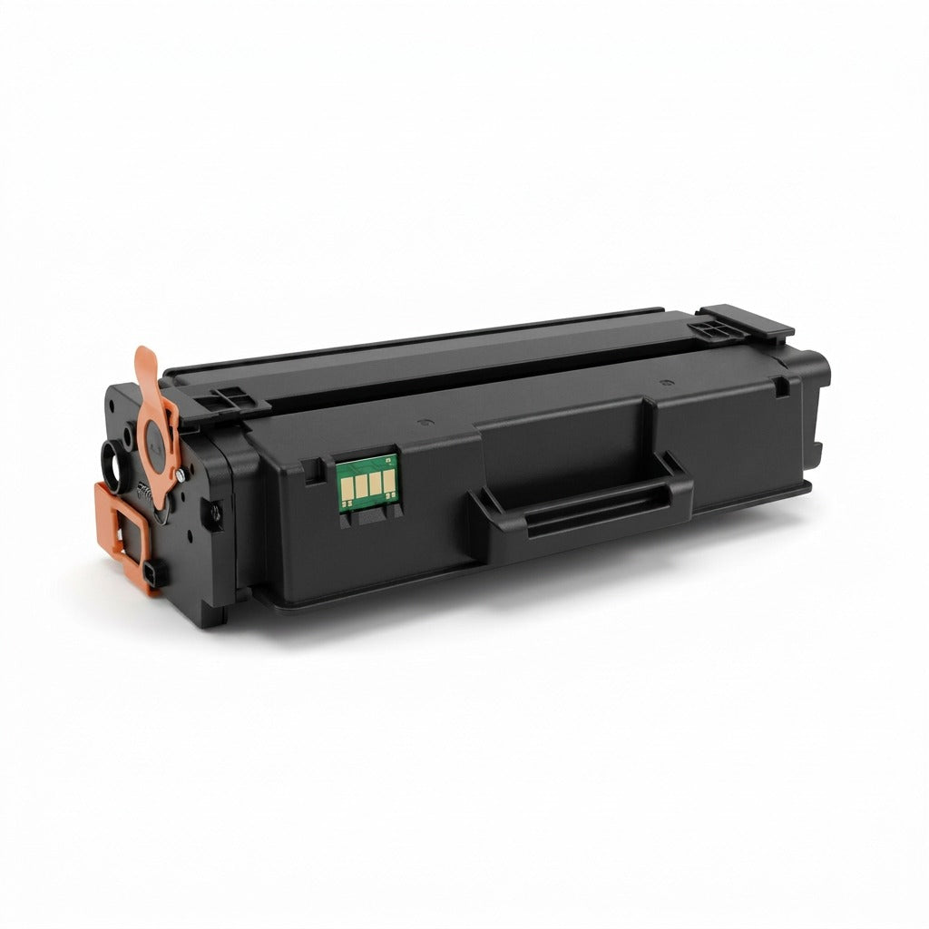 Elevate Imaging Remanufactured HP CF450A Black Toner Cartridge with handle and orange safety clips.