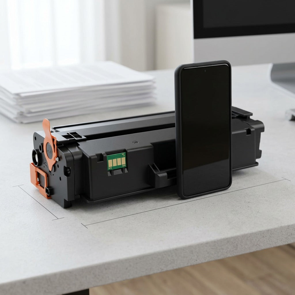 Elevate Imaging Reman HP CF450A toner cartridge shown on a desk beside a smartphone for scale.