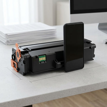Elevate Imaging Reman HP CF450A toner cartridge shown on a desk beside a smartphone for scale.