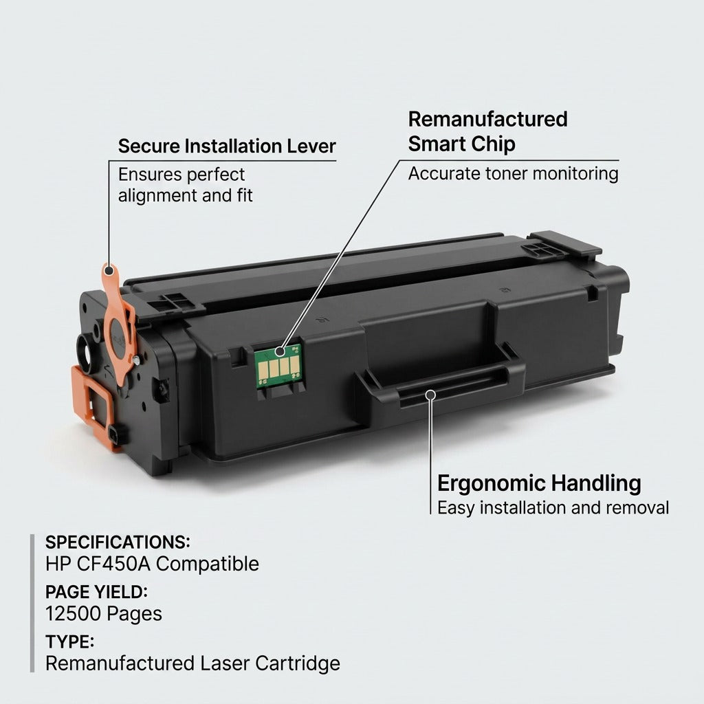 Elevate Imaging remanufactured HP CF450A toner cartridge features including smart chip and 12,500 page yield.